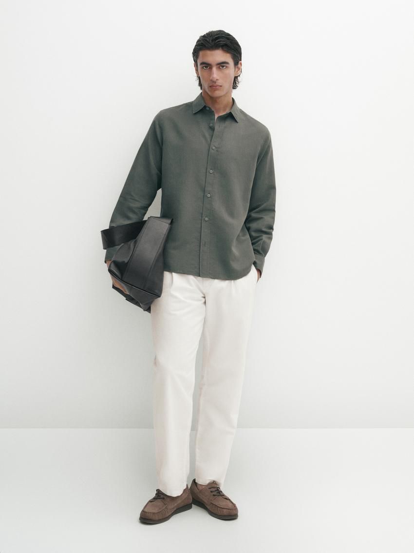Massimo Dutti Regular Fit Cotton And Linen Blend Twill Men Shirts Green | US-FO6847209