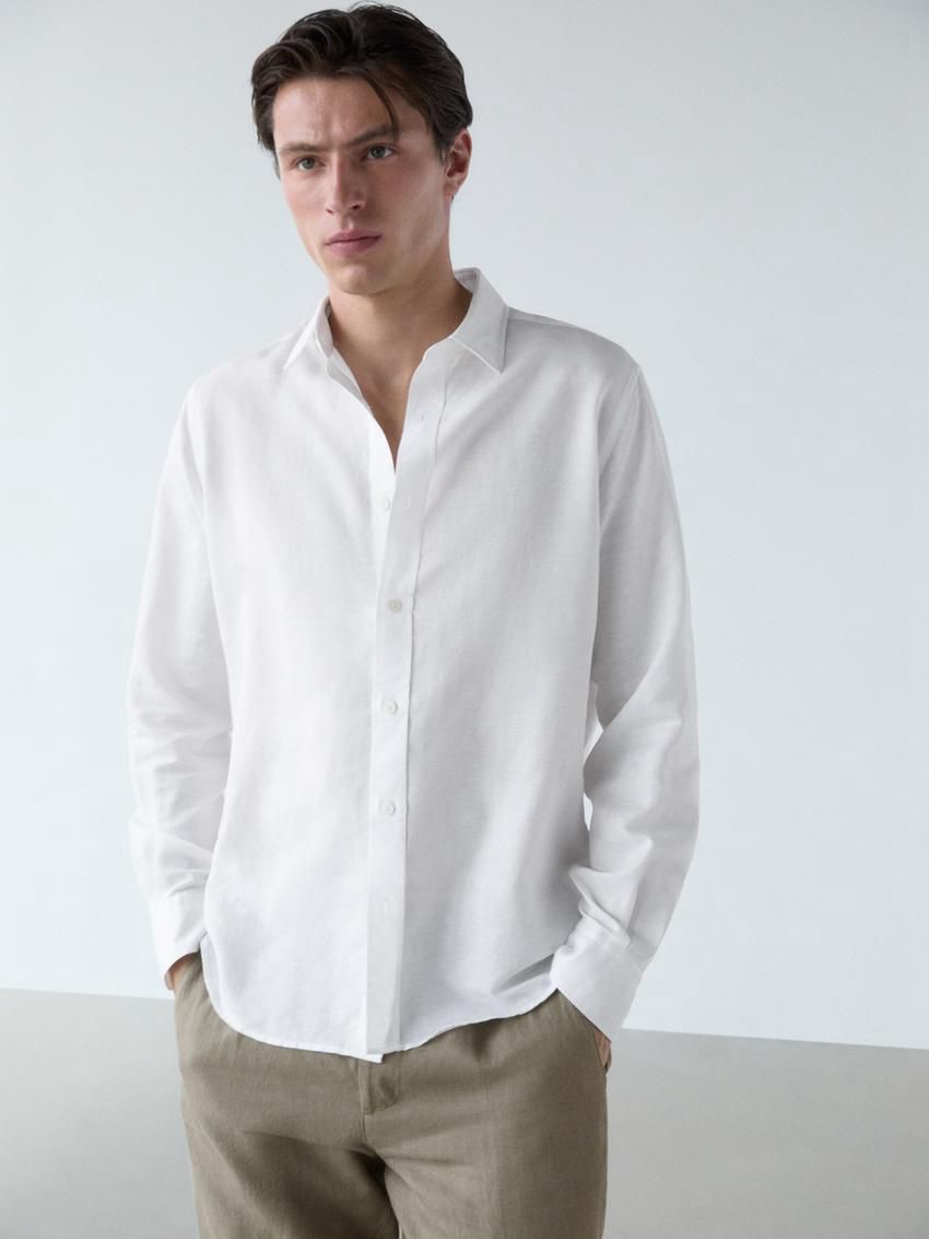Massimo Dutti Regular Fit Cotton And Linen Blend Twill Men Shirts White | US-MB3871659