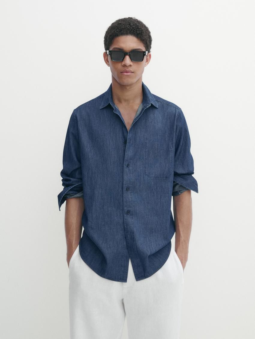 Massimo Dutti Regular Fit Denim With False Pocket Men Shirts Blue | US-GF7593268