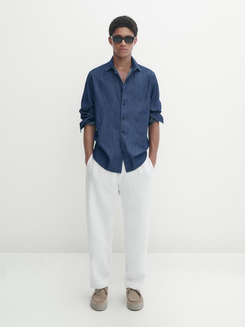 Massimo Dutti Regular Fit Denim With False Pocket Men Shirts Blue | US-GF7593268