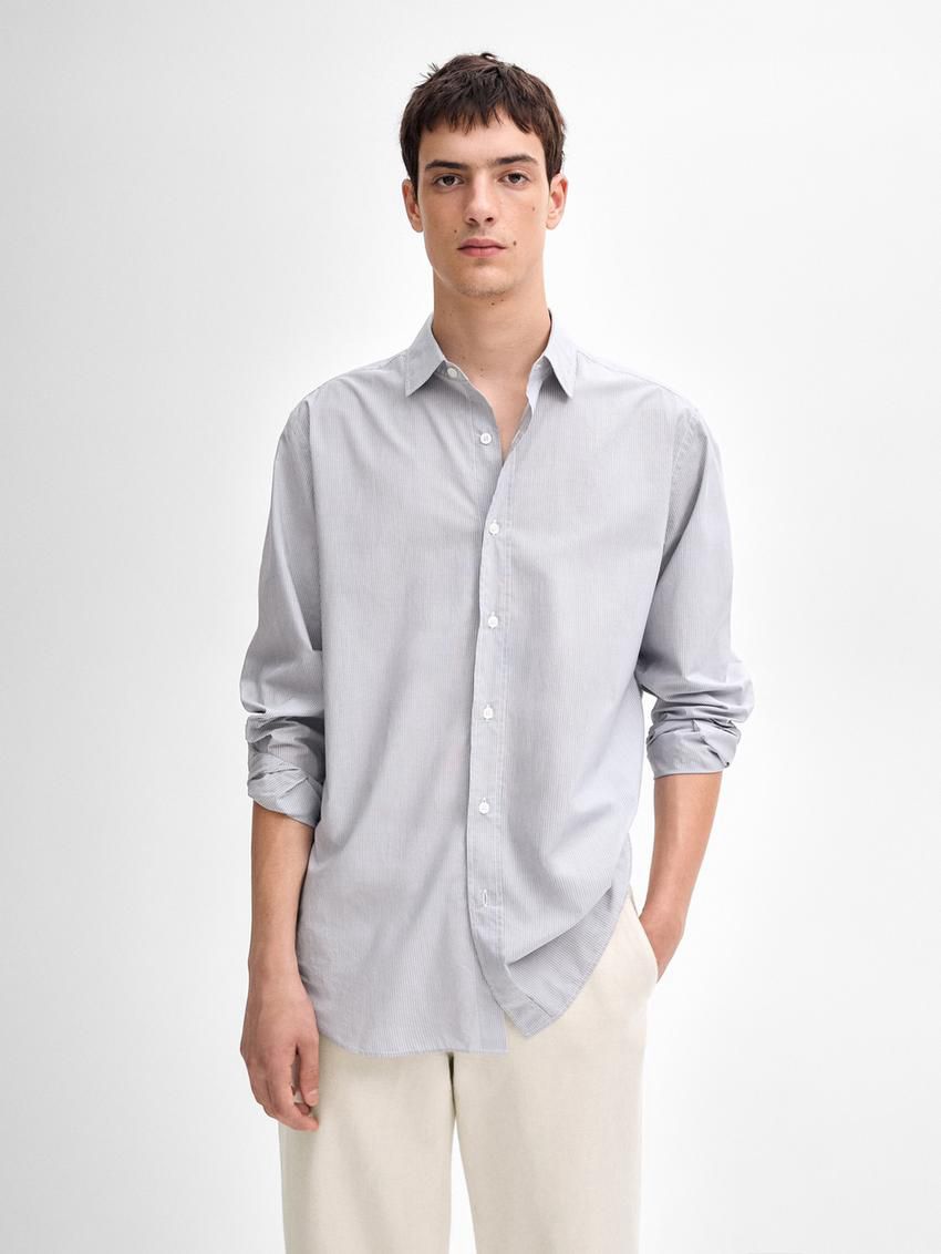 Massimo Dutti Regular Fit Pinstriped Cotton Men Shirts Blue | US-GB3176425