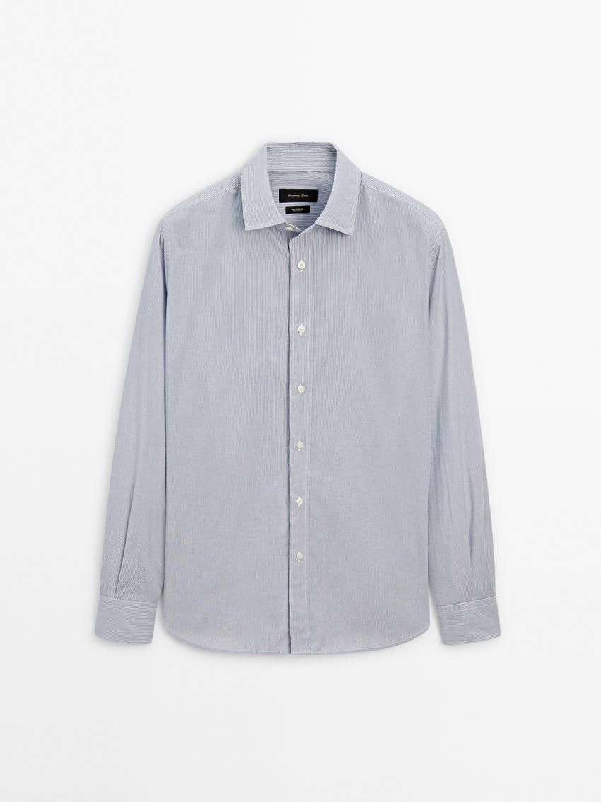Massimo Dutti Regular Fit Pinstriped Cotton Men Shirts Blue | US-GB3176425