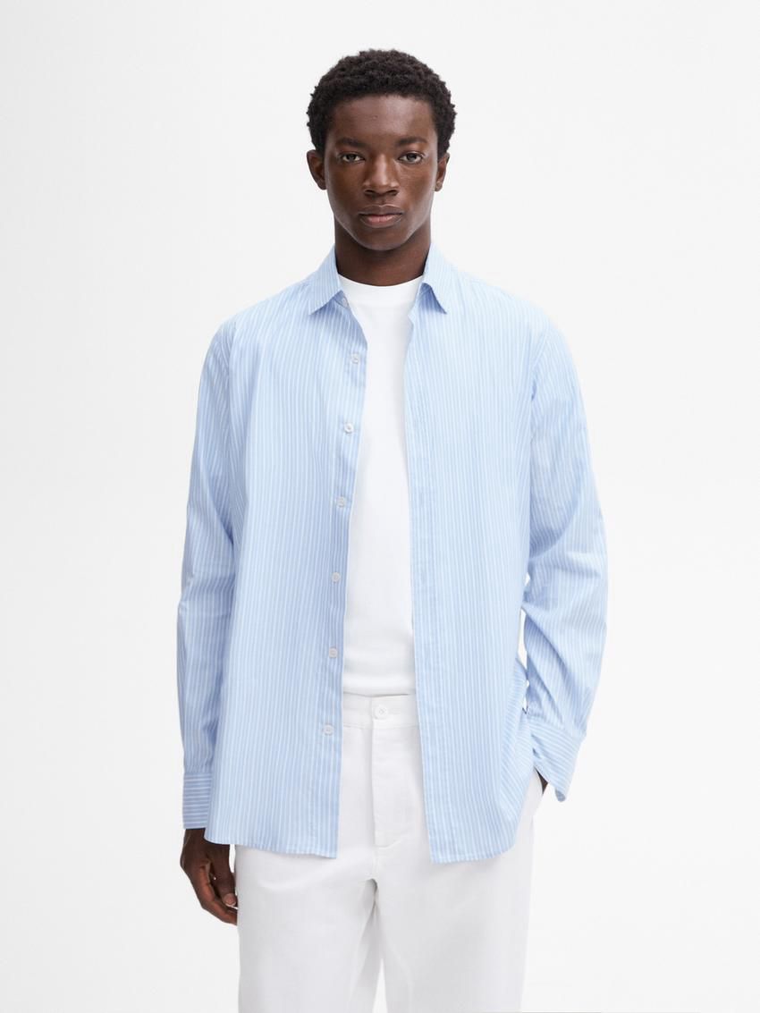 Massimo Dutti Regular Fit Striped Cotton Men Shirts Light Blue | US-RH1950276