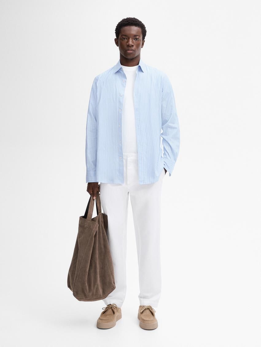 Massimo Dutti Regular Fit Striped Cotton Men Shirts Light Blue | US-RH1950276