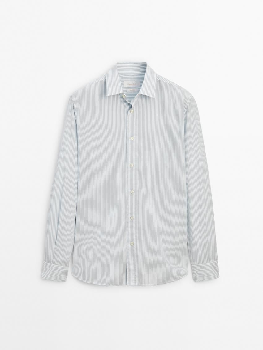 Massimo Dutti Regular Fit Striped Cotton Men Shirts Light Blue | US-OA3726480