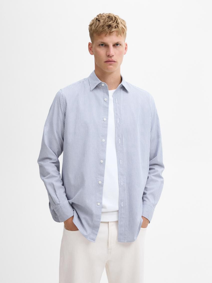 Massimo Dutti Regular Fit Striped Cotton Men Shirts Blue / White | US-SA2831479