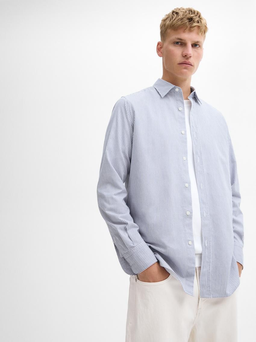 Massimo Dutti Regular Fit Striped Cotton Men Shirts Blue / White | US-SA2831479