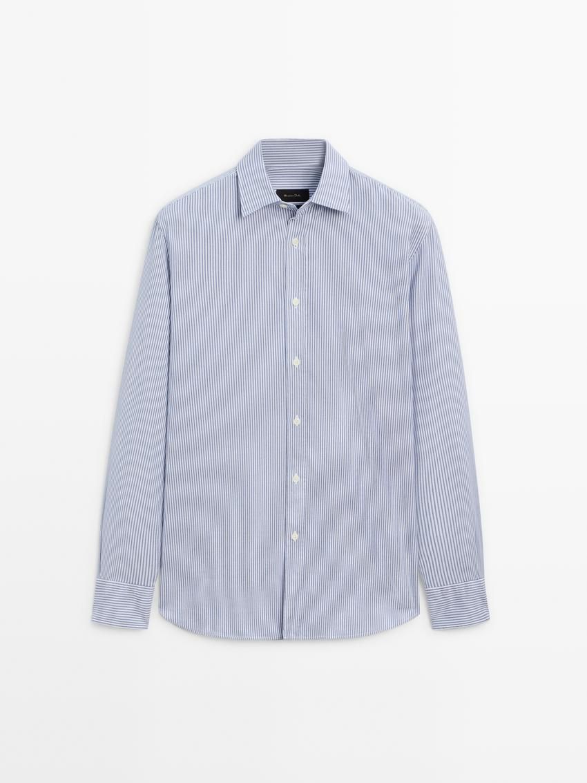 Massimo Dutti Regular Fit Striped Cotton Men Shirts Blue / White | US-SA2831479