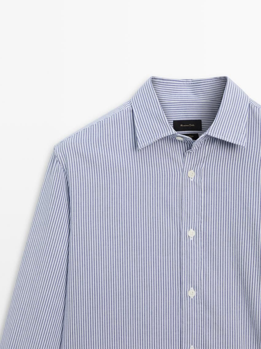 Massimo Dutti Regular Fit Striped Cotton Men Shirts Blue / White | US-SA2831479