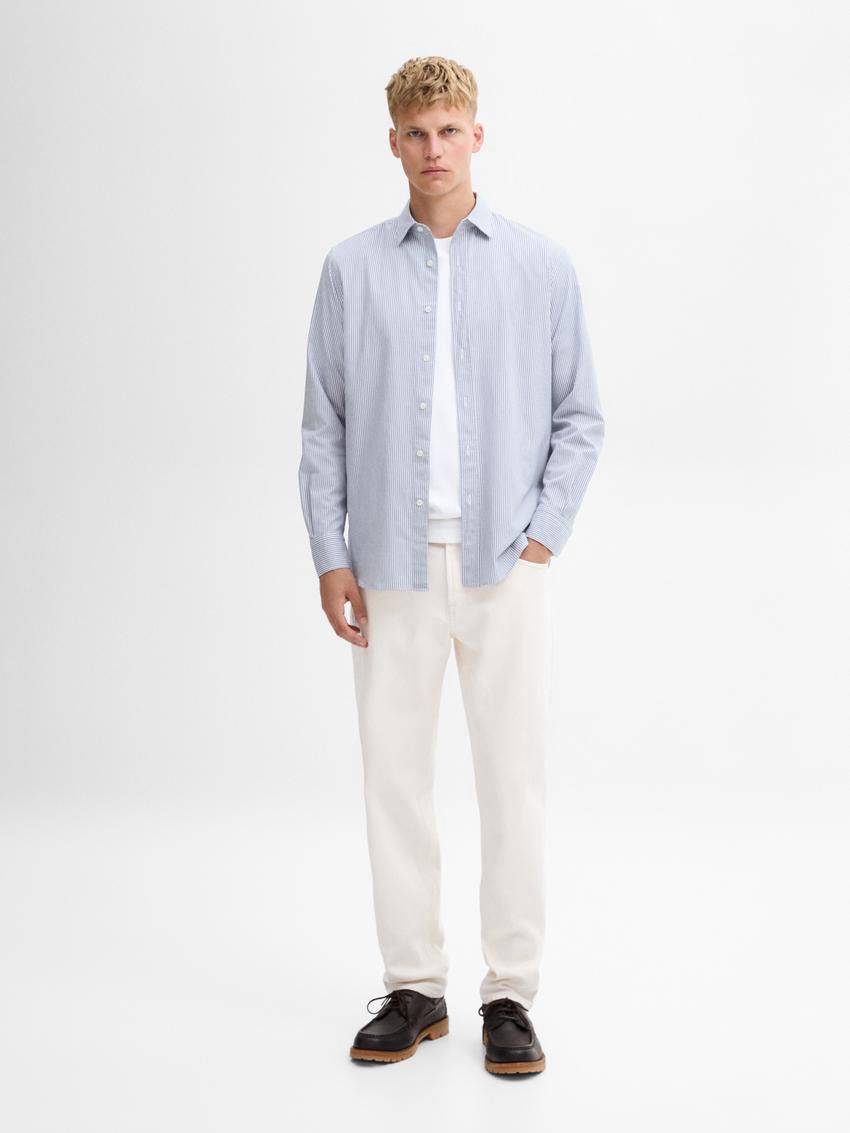 Massimo Dutti Regular Fit Striped Cotton Men Shirts Blue / White | US-SA2831479