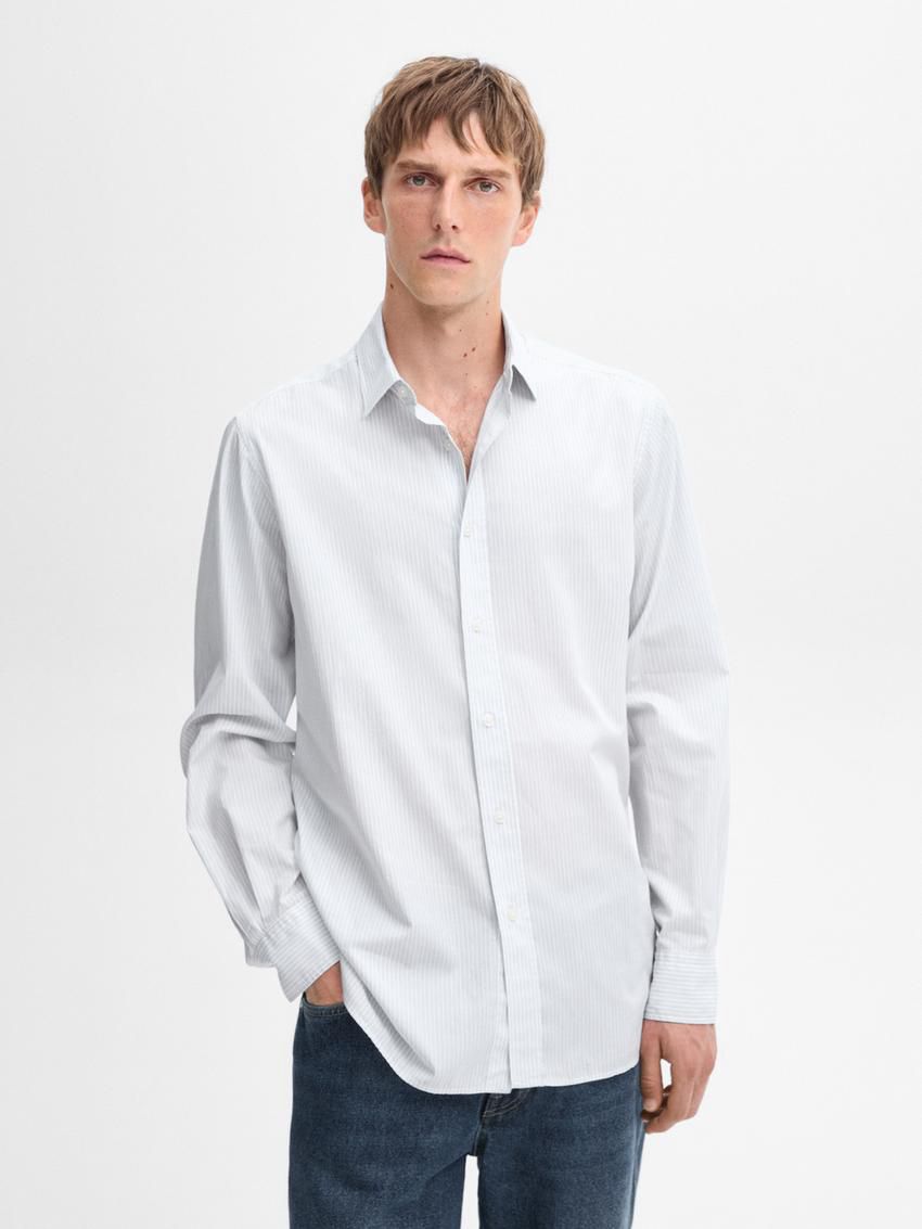 Massimo Dutti Regular Fit Striped Cotton Men Shirts Grey / White | US-EN3574291