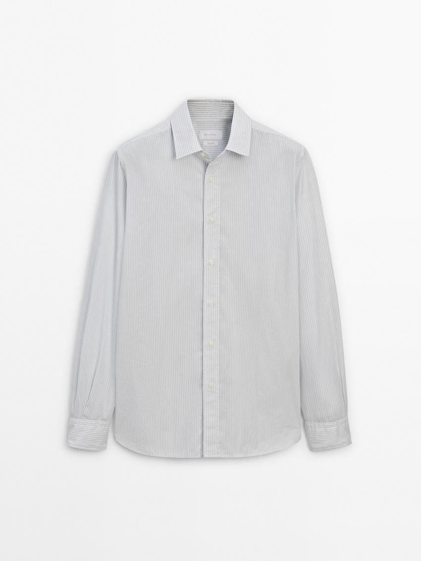 Massimo Dutti Regular Fit Striped Cotton Men Shirts Grey / White | US-EN3574291