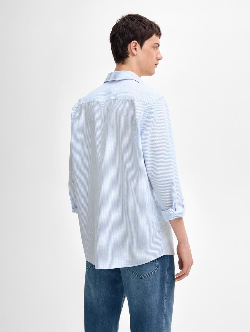 Massimo Dutti Regular Fit Striped With Fabric Detail Men Shirts Light Blue | US-SG1702385