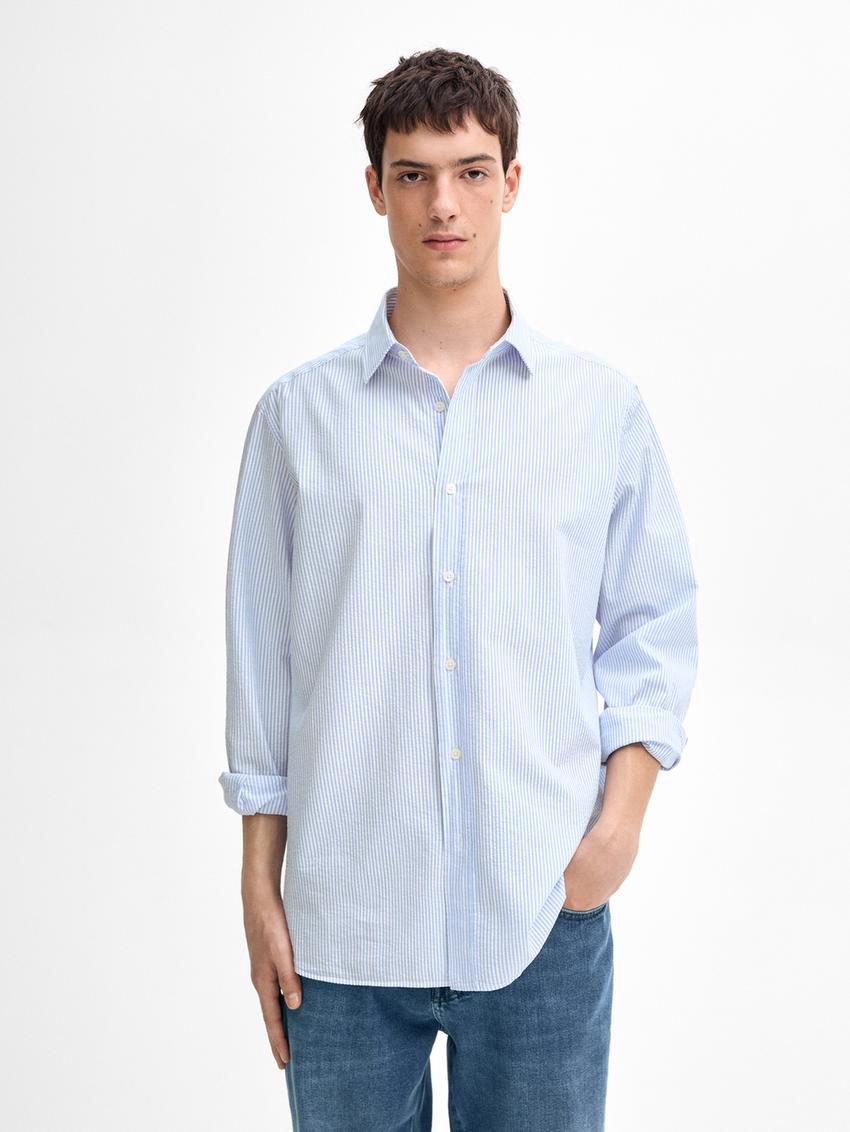 Massimo Dutti Regular Fit Striped With Fabric Detail Men Shirts Light Blue | US-SG1702385