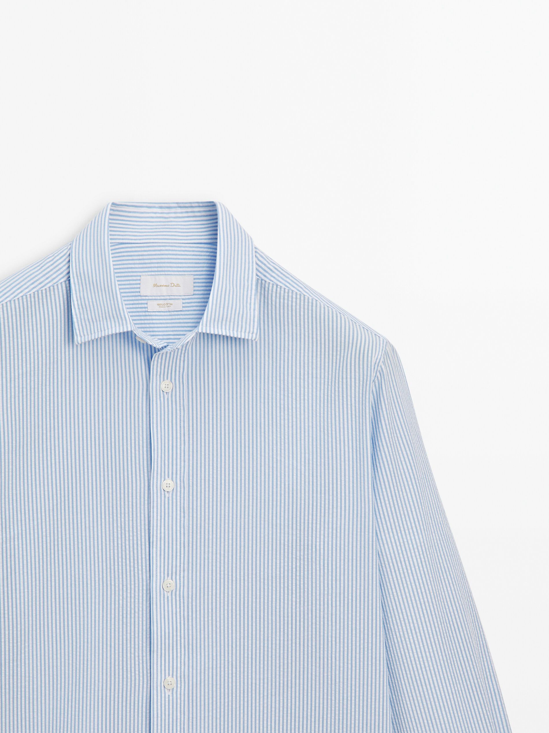 Massimo Dutti Regular Fit Striped With Fabric Detail Men Shirts Light Blue | US-SG1702385