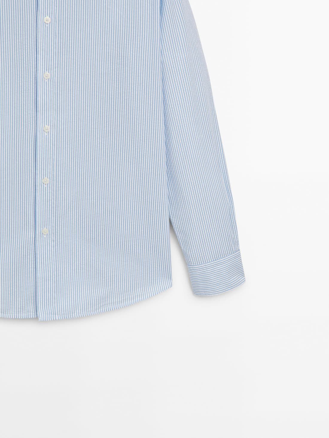 Massimo Dutti Regular Fit Striped With Fabric Detail Men Shirts Light Blue | US-SG1702385