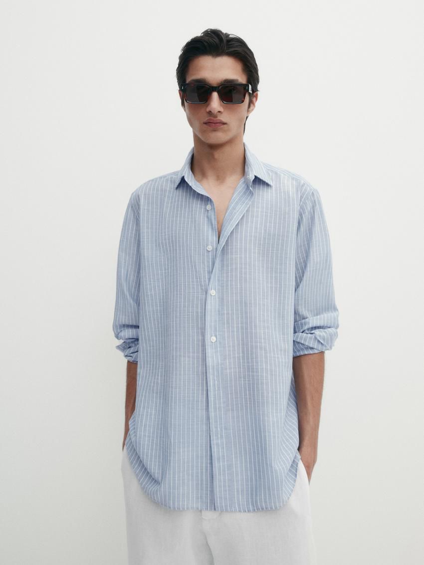 Massimo Dutti Regular-fit Striped Cotton Blend Men Shirts Light Blue | US-OX9360814
