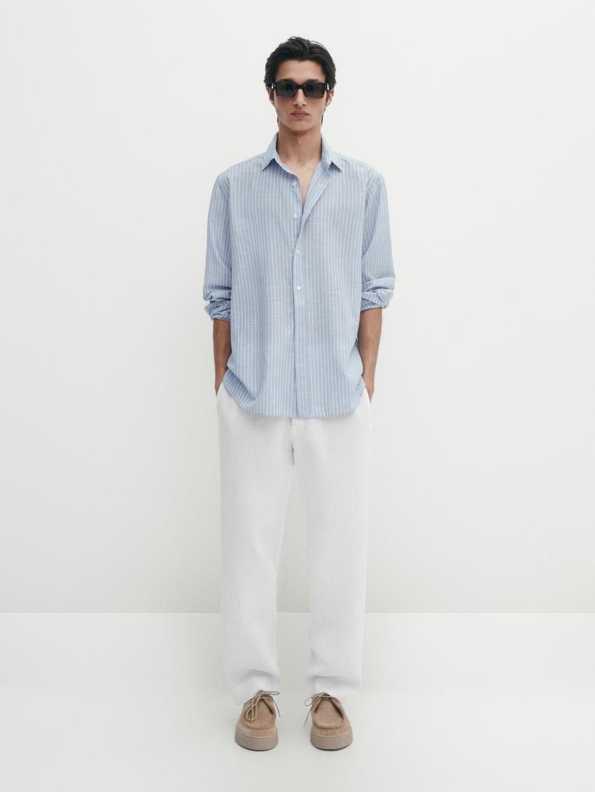 Massimo Dutti Regular-fit Striped Cotton Blend Men Shirts Light Blue | US-OX9360814