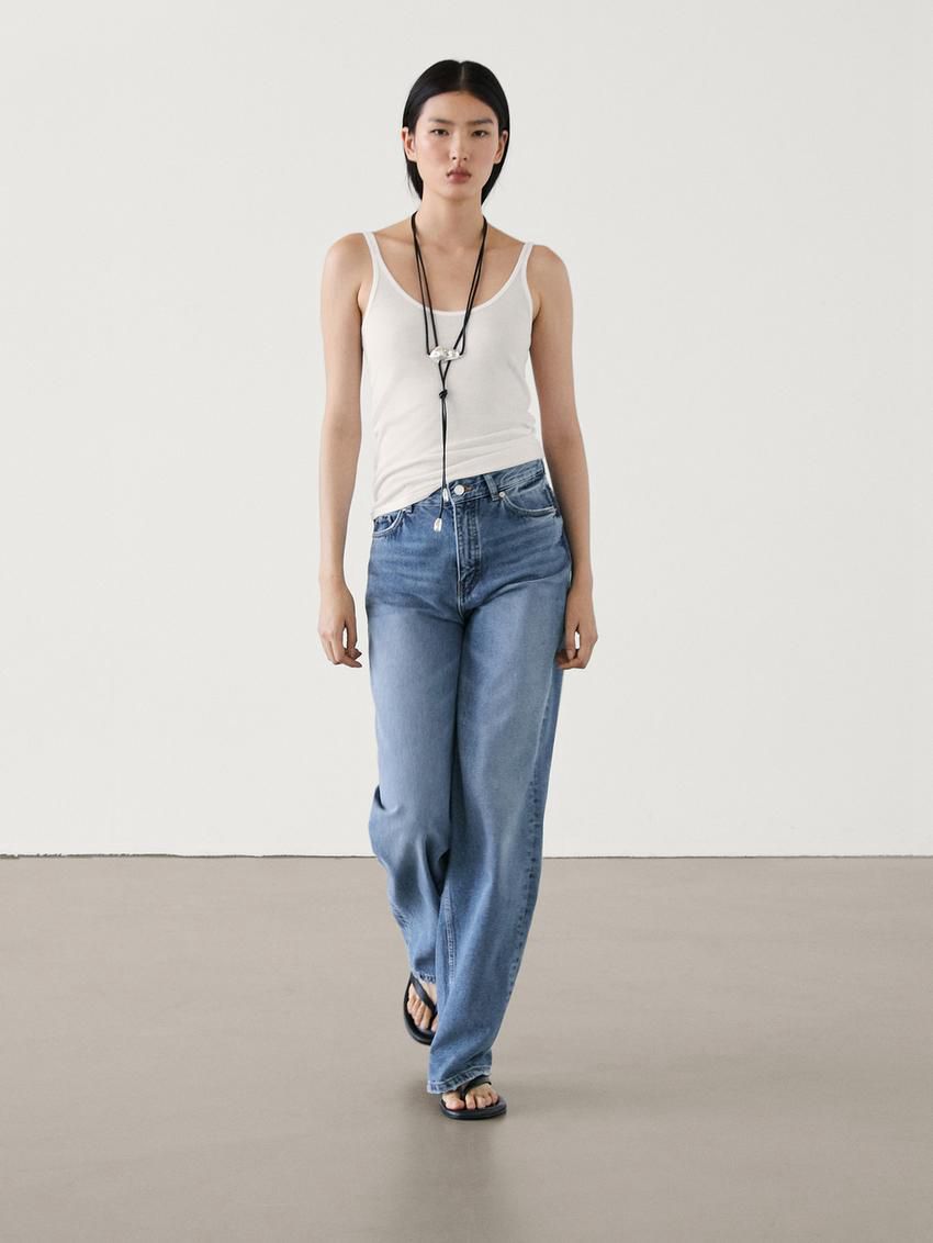 Massimo Dutti Relaxed Fit Wide-leg Mid-rise Women Jeans Blue | US-TI9164258