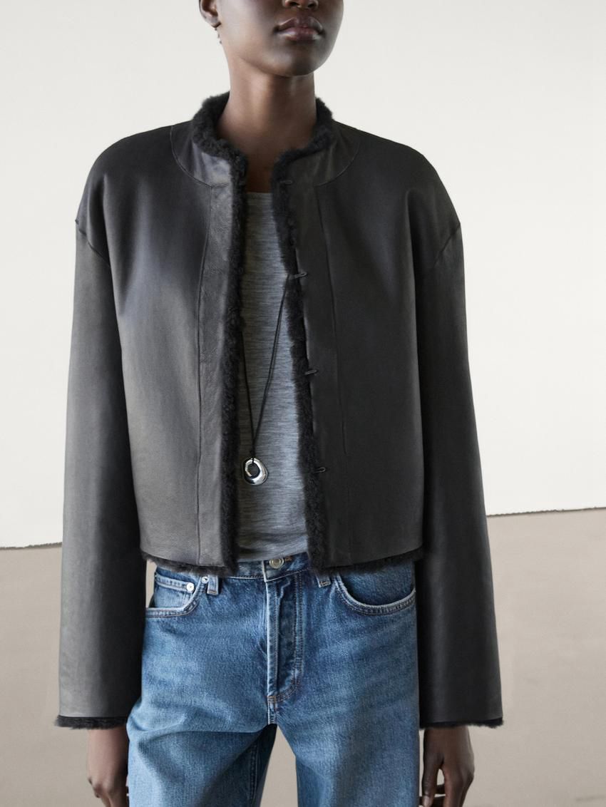 Massimo Dutti Reversible Voluminous Hair On Leather Women Coat Black | US-NH5820769