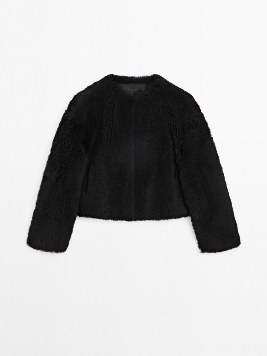 Massimo Dutti Reversible Voluminous Hair On Leather Women Coat Black | US-NH5820769