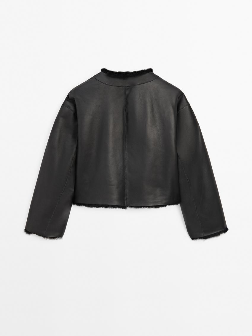 Massimo Dutti Reversible Voluminous Hair On Leather Women Coat Black | US-NH5820769