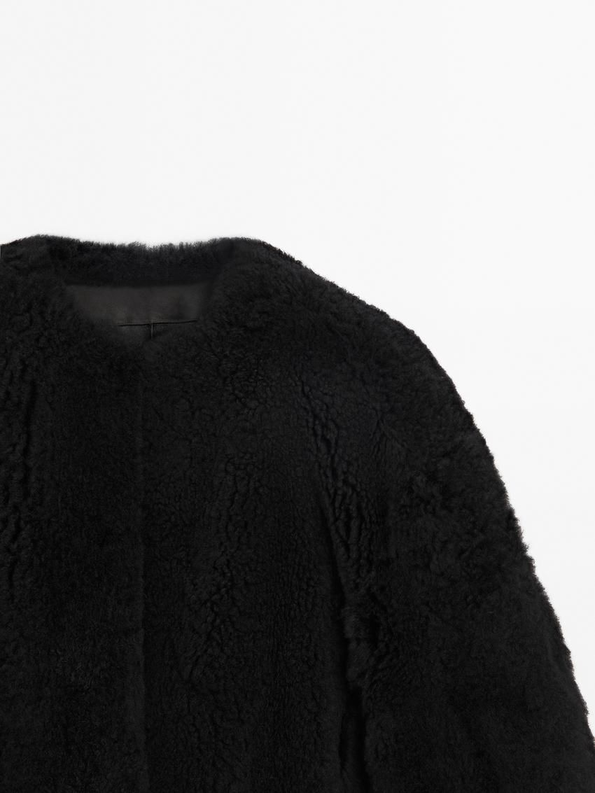 Massimo Dutti Reversible Voluminous Hair On Leather Women Coat Black | US-NH5820769