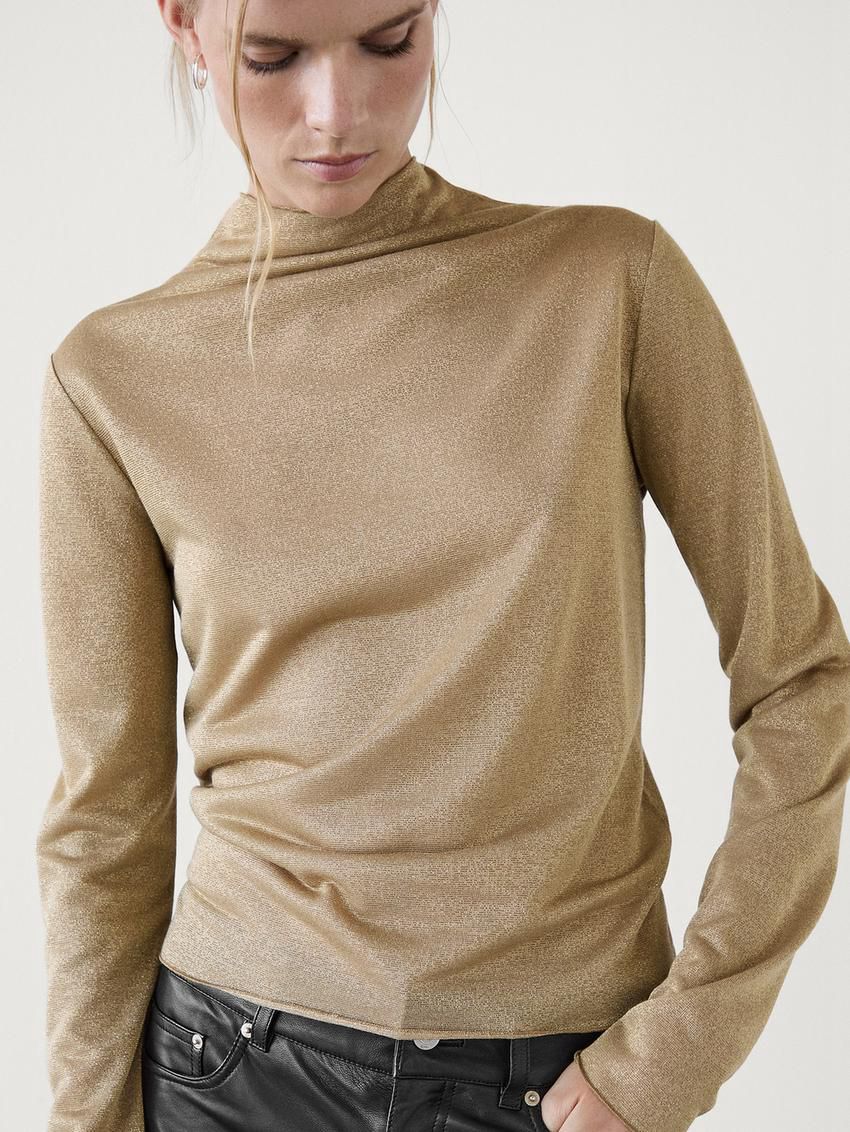 Massimo Dutti Rhinestone Trims Women T-Shirt Gold | US-VC5463821