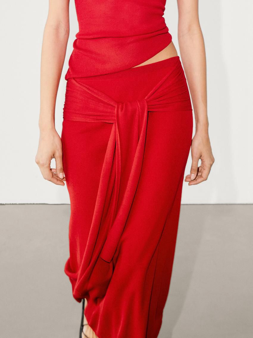 Massimo Dutti Ribbed Co-ord With Tie Detail Women Skirts Red | US-DZ9502764
