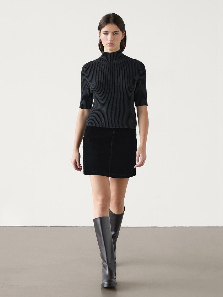 Massimo Dutti Ribbed Cotton Blend Knit Women Sweater Black | US-MB8052934