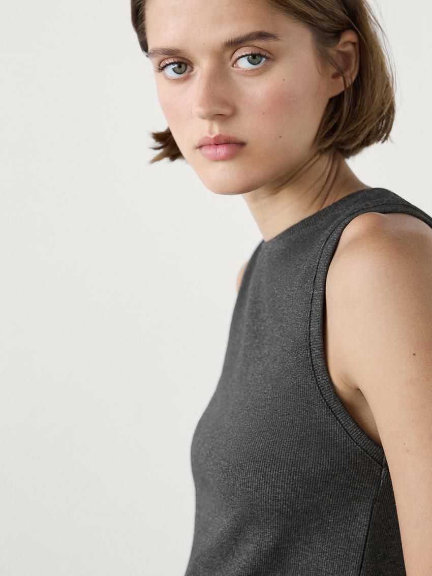 Massimo Dutti Ribbed Cotton Blend Women T-Shirt Dark Grey | US-BS6798401