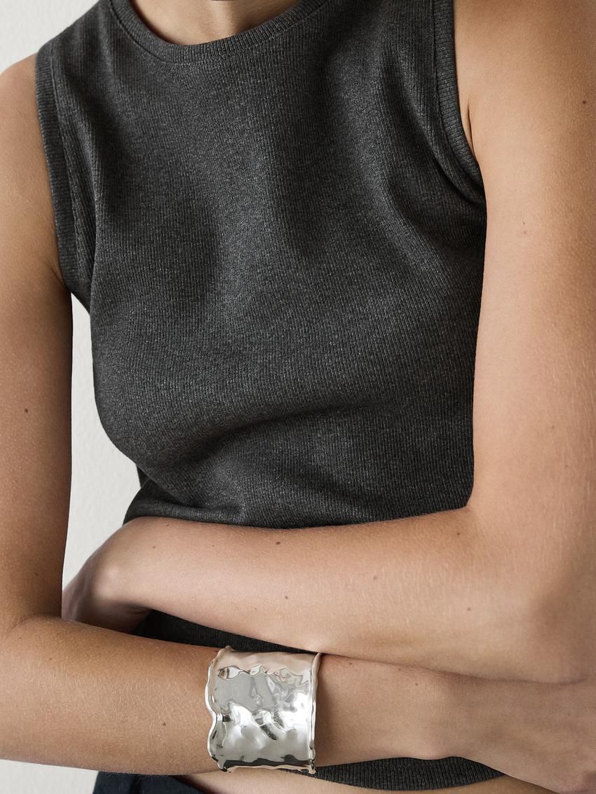 Massimo Dutti Ribbed Cotton Blend Women T-Shirt Dark Grey | US-BS6798401