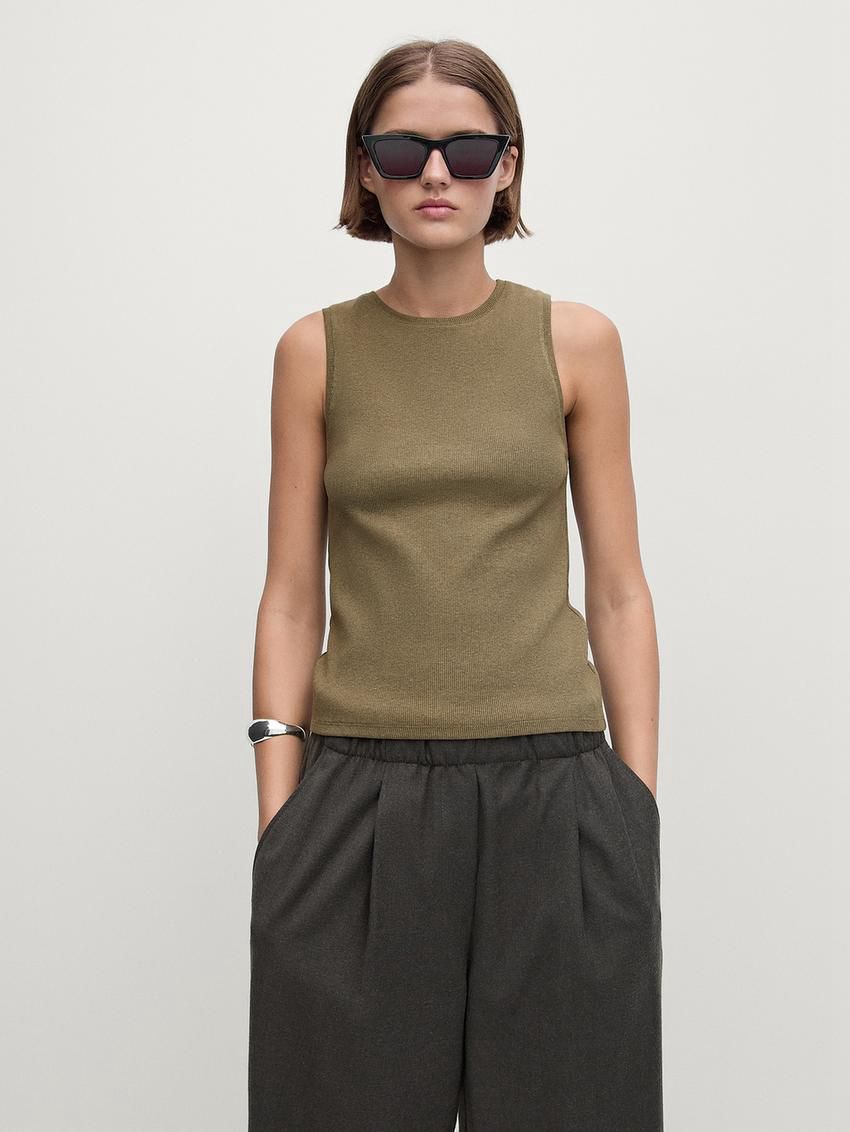 Massimo Dutti Ribbed Cotton Blend Women T-Shirt Olive | US-ZQ6912483