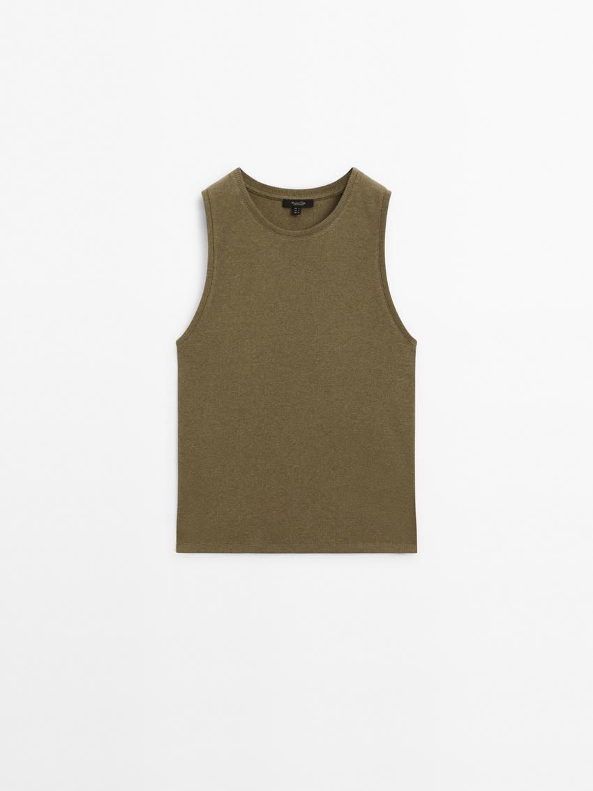 Massimo Dutti Ribbed Cotton Blend Women T-Shirt Olive | US-ZQ6912483