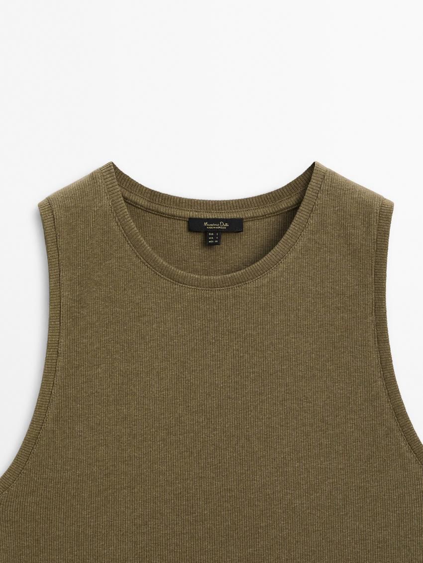 Massimo Dutti Ribbed Cotton Blend Women T-Shirt Olive | US-ZQ6912483