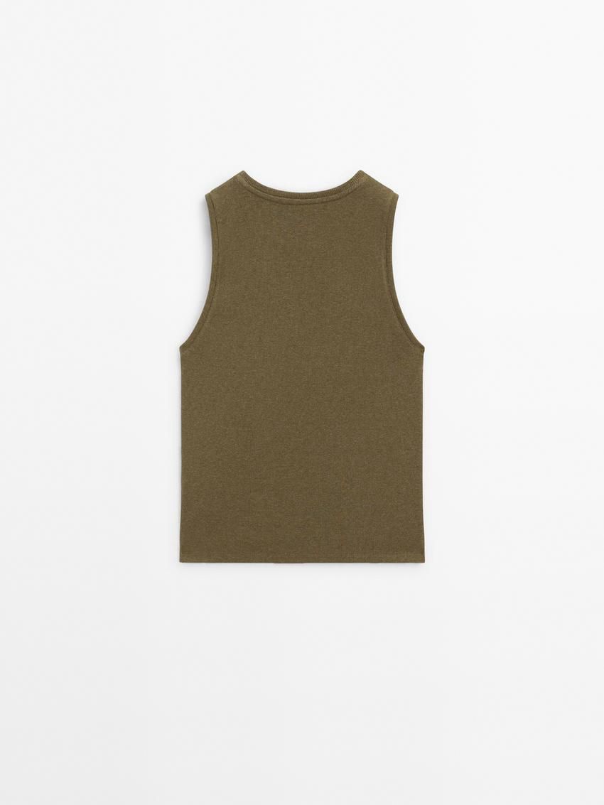 Massimo Dutti Ribbed Cotton Blend Women T-Shirt Olive | US-ZQ6912483