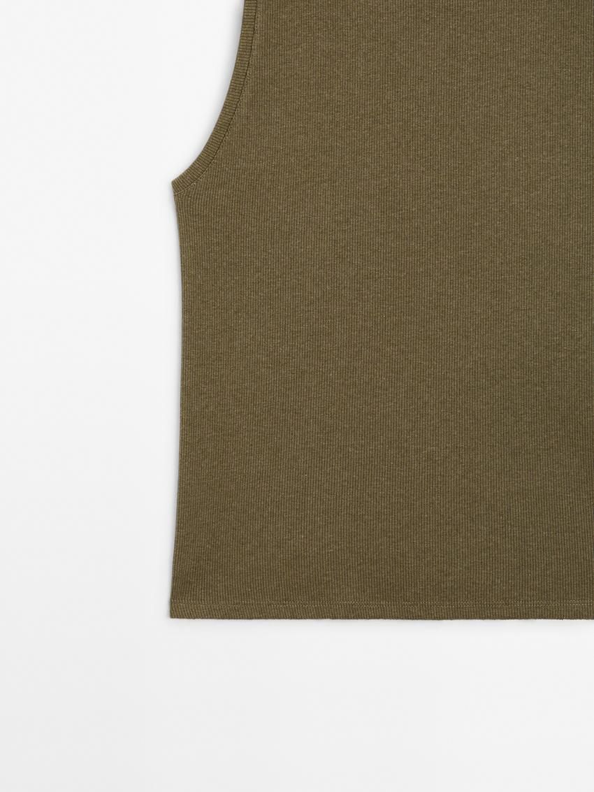 Massimo Dutti Ribbed Cotton Blend Women T-Shirt Olive | US-ZQ6912483
