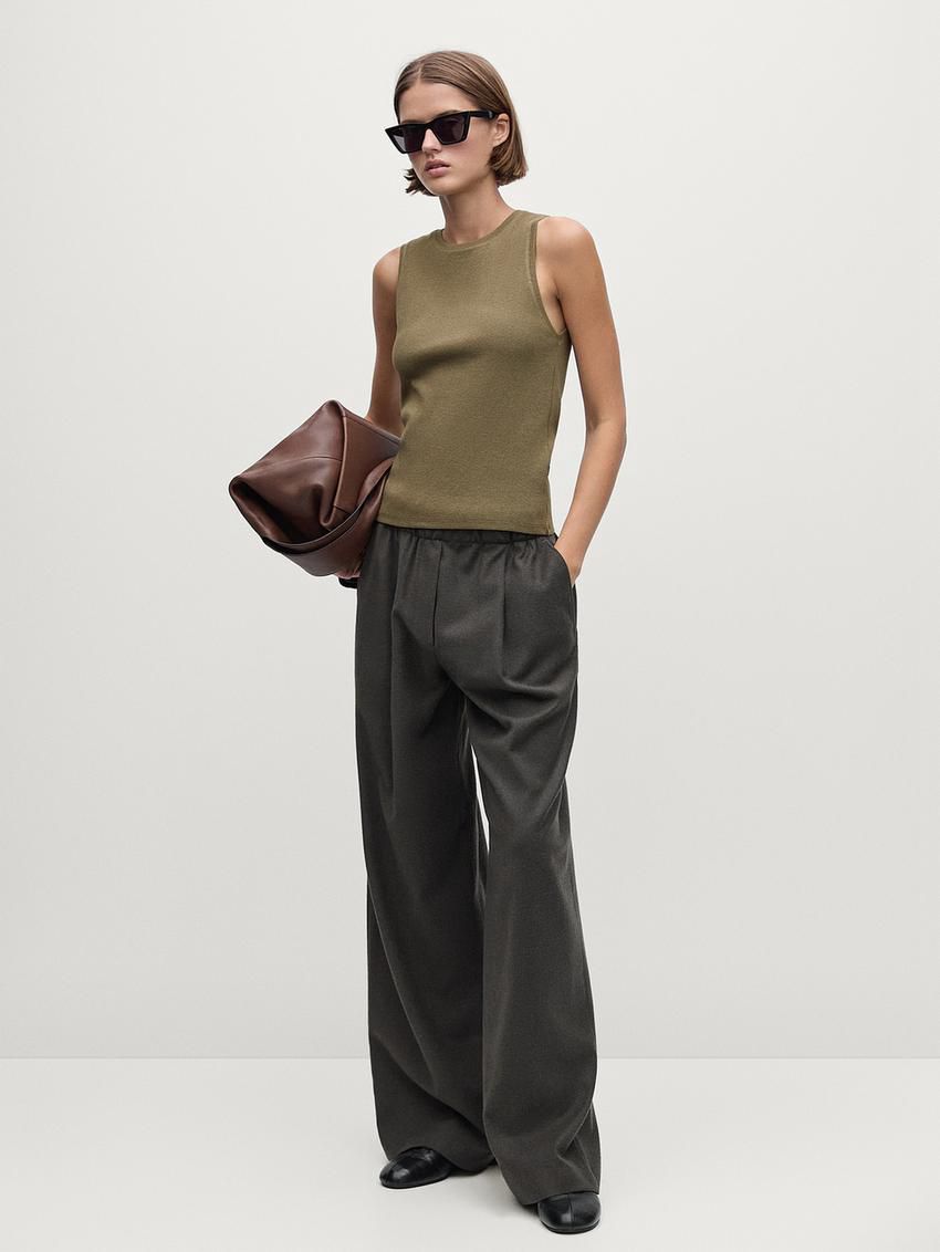 Massimo Dutti Ribbed Cotton Blend Women T-Shirt Olive | US-ZQ6912483