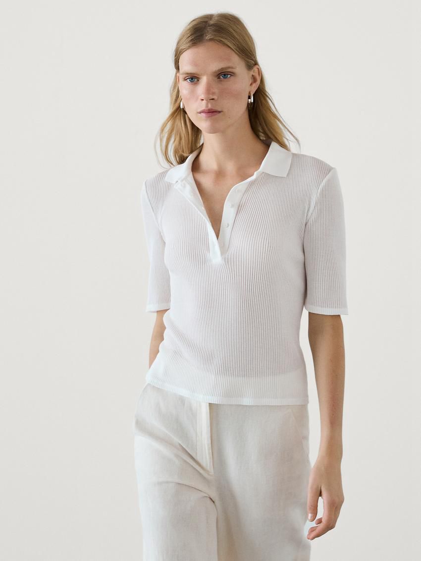 Massimo Dutti Ribbed Cotton Polo Shirt Women T-Shirt White | US-DZ6835971