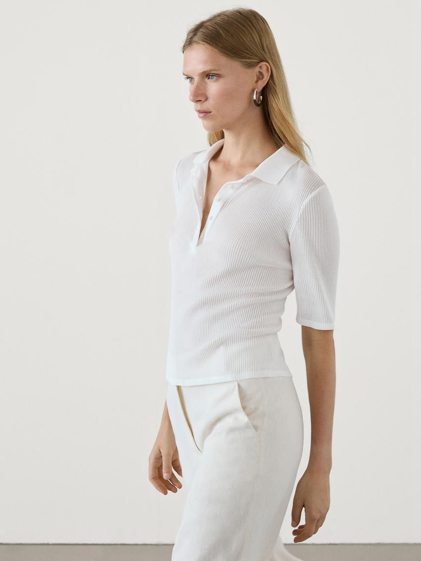 Massimo Dutti Ribbed Cotton Polo Shirt Women T-Shirt White | US-DZ6835971