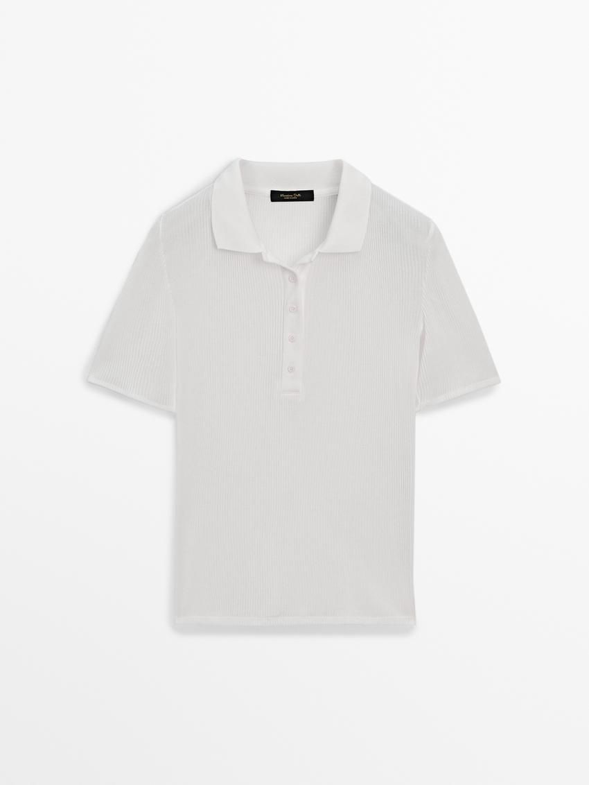 Massimo Dutti Ribbed Cotton Polo Shirt Women T-Shirt White | US-DZ6835971