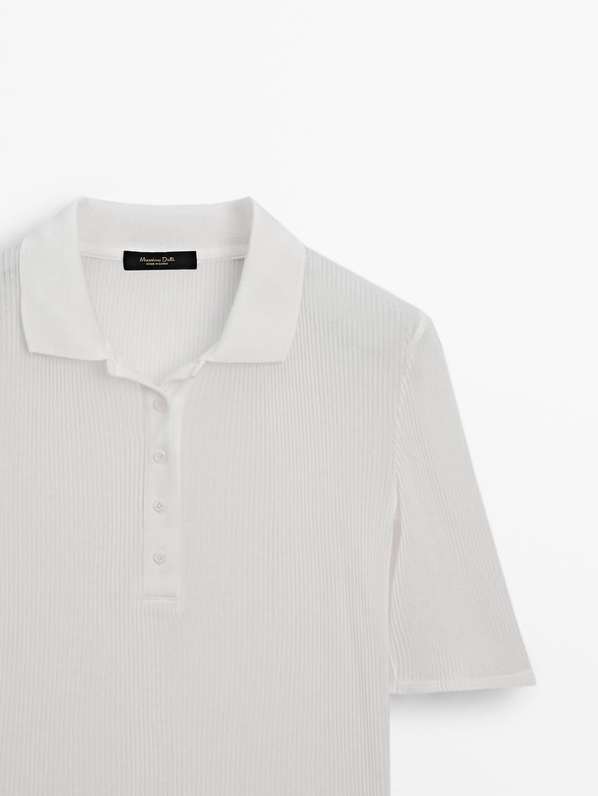 Massimo Dutti Ribbed Cotton Polo Shirt Women T-Shirt White | US-DZ6835971