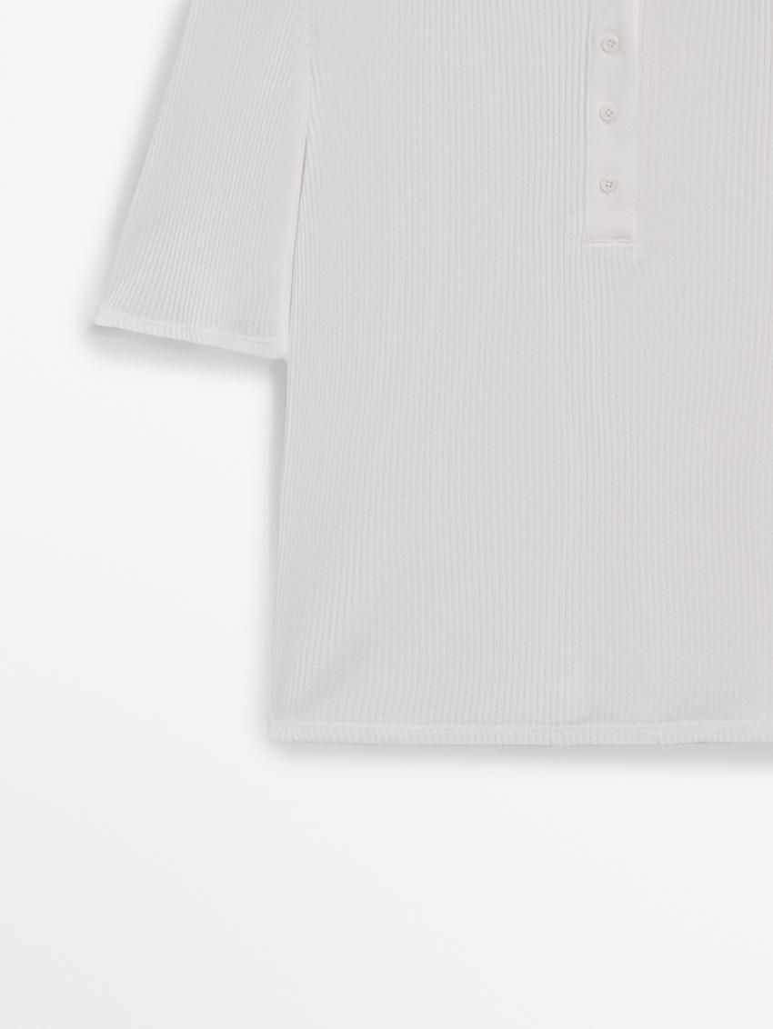 Massimo Dutti Ribbed Cotton Polo Shirt Women T-Shirt White | US-DZ6835971