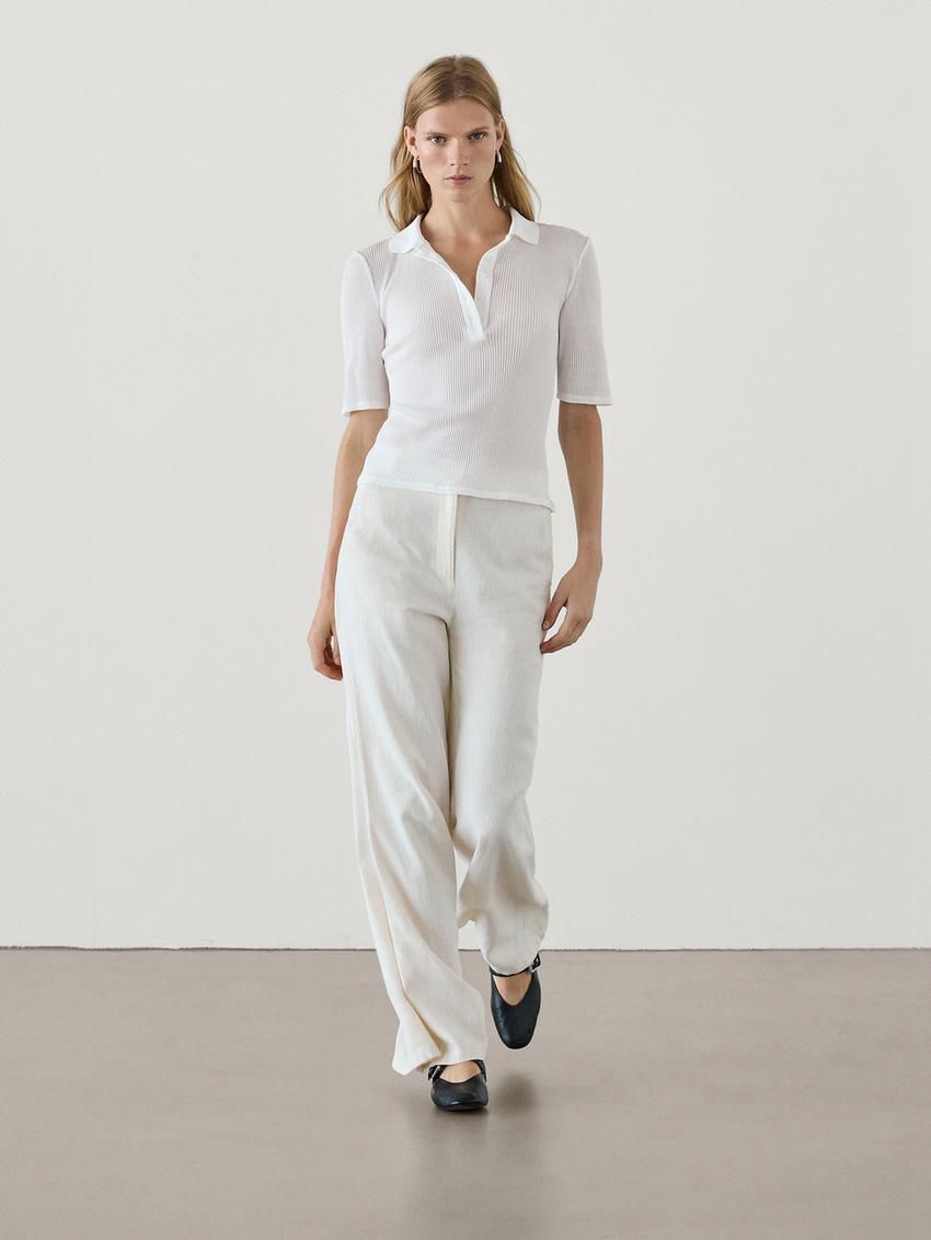 Massimo Dutti Ribbed Cotton Polo Shirt Women T-Shirt White | US-DZ6835971