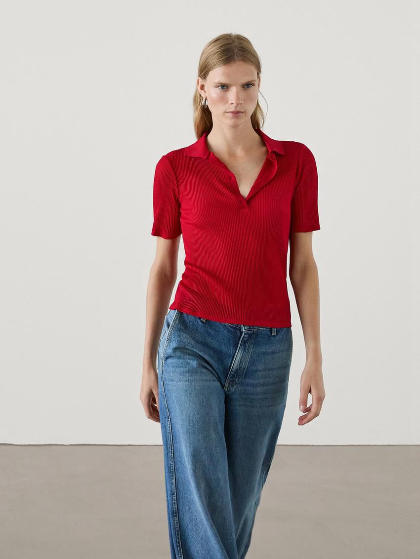 Massimo Dutti Ribbed Cotton Polo Shirt Women T-Shirt Red | US-VP2104397