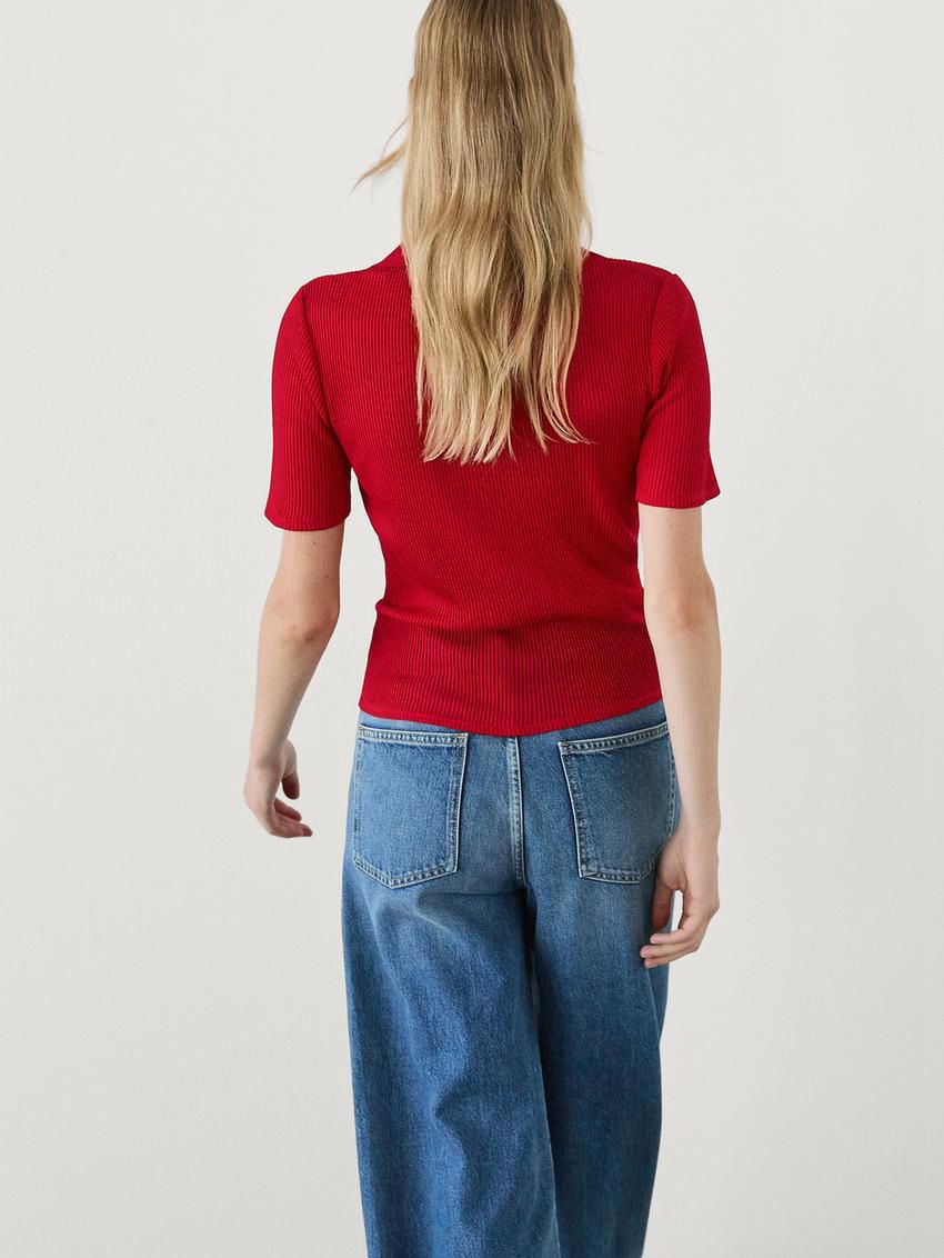 Massimo Dutti Ribbed Cotton Polo Shirt Women T-Shirt Red | US-VP2104397