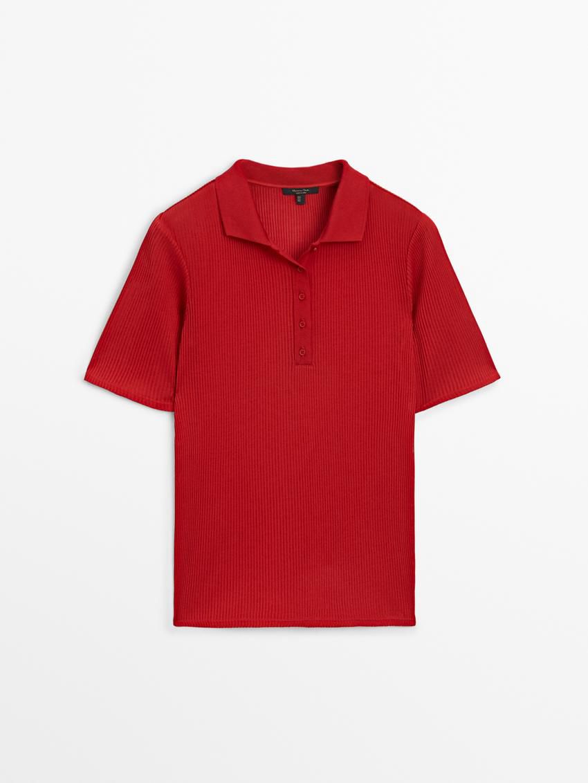 Massimo Dutti Ribbed Cotton Polo Shirt Women T-Shirt Red | US-VP2104397