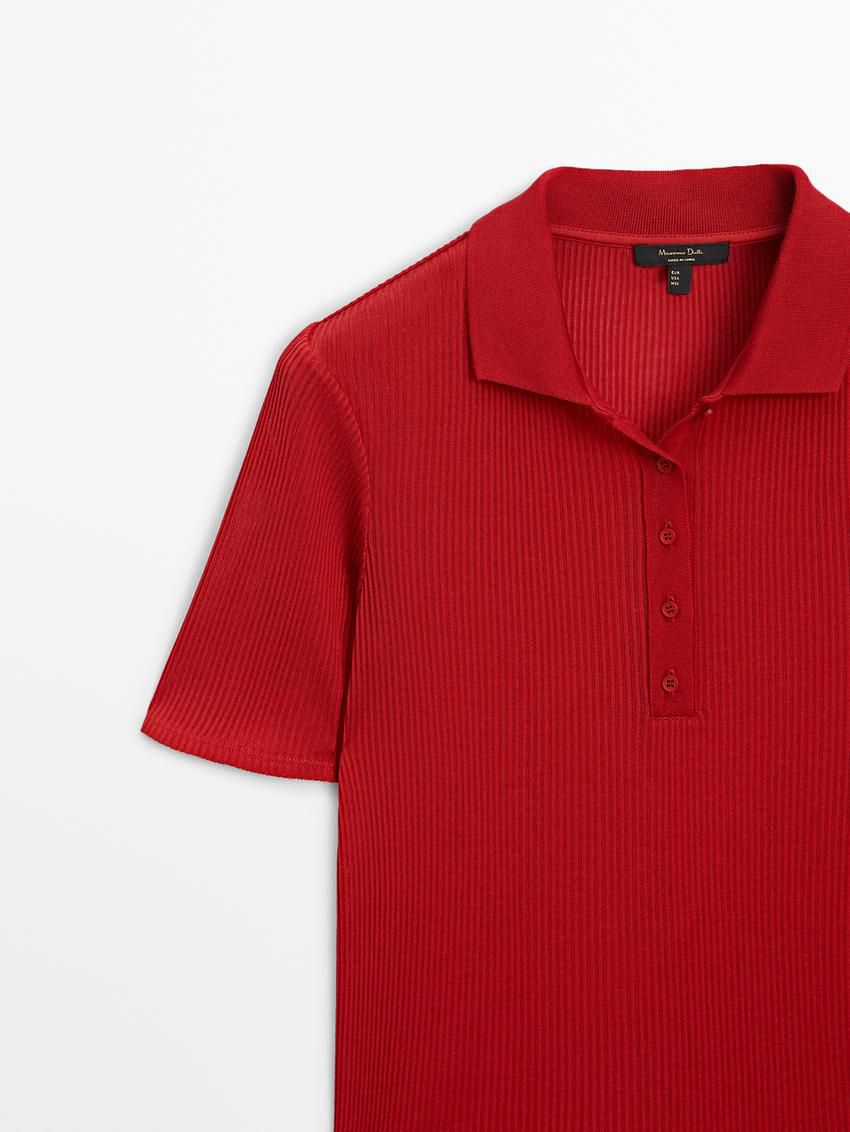 Massimo Dutti Ribbed Cotton Polo Shirt Women T-Shirt Red | US-VP2104397