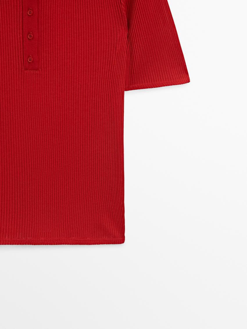 Massimo Dutti Ribbed Cotton Polo Shirt Women T-Shirt Red | US-VP2104397