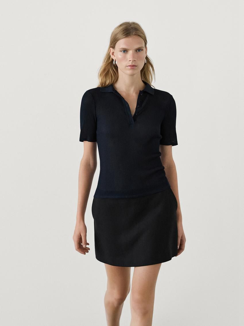 Massimo Dutti Ribbed Cotton Polo Shirt Women T-Shirt Navy | US-XU8360924